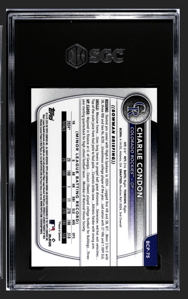 2025 Bowman #BCP-75 Charlie Condon Chrome Prospect Sunflower Seeds Refr. SGC 9.5 - Image 2 of 2