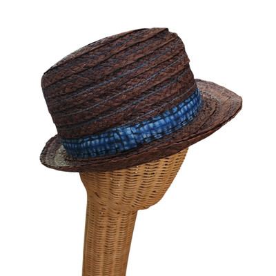Lucky Brand Womens Straw Fedora Hat Brown Shibori Blue Band  display picture 3