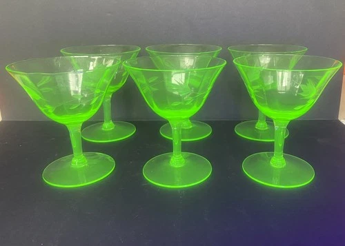 Depression 1930s Uranium Glass Cocktail Wine Glasses UV Glow Etched Floral