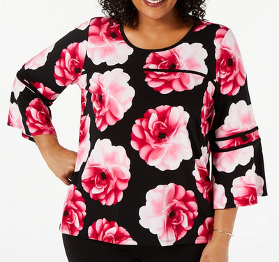 CALVIN KLEIN Womens Plus Size Floral-Print Top Bell Sleve Blouse 1X