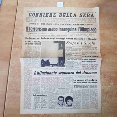 CORRIERE DELLA SERA SETTEMBRE 1972 ANASTATICA PRIMA PAGINA TERRORISMO OLIMPIADE