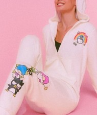 Hello Kitty  Friends x Forever 21 Fleece Hooded One Piece Jumpsuit Pajama Sz M