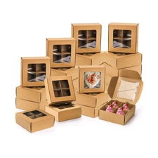 40 Pack Brown Bakery Boxes with Window and Dividers, 6 x 6 Inch Mini Pastry B...