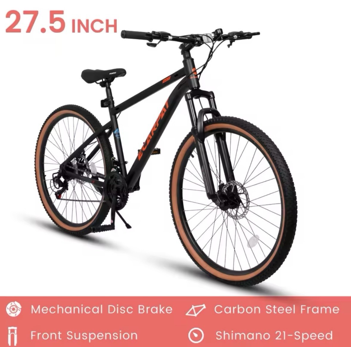 (New) Ecarpat Mountain Bike 27.5 Inch Wheel, 21-Speed 17.5" Steel Frame, Mens Womens (74.99 USD)