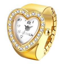 Women's Heart Rhinestones Quartz Finger Ring Watch Stainless Steel Elastic Band