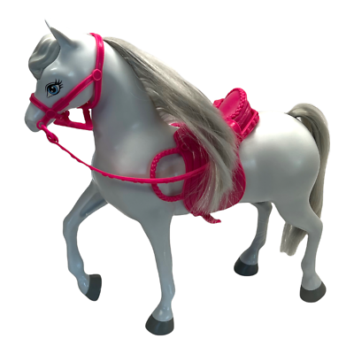 2013 Mattel Barbie White Gray Stationary Horse Pink Bridle Reins