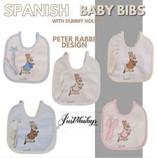 Spanish Baby bib Personalised Embroidered Peter Rabbit bunny c/w dummy holder