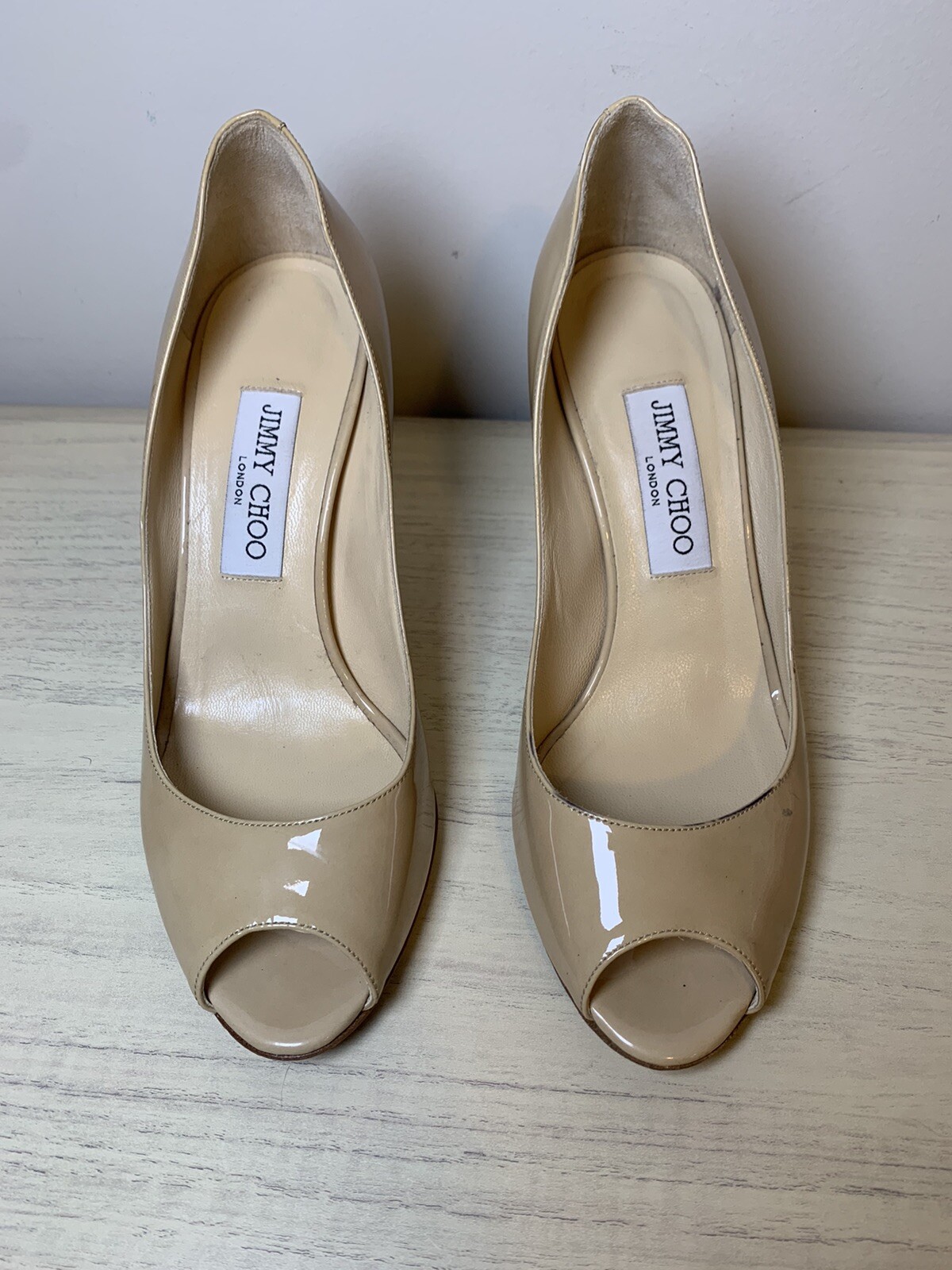 Jimmy Choo Tan Patent Leather Open Toe Pumps, size 38 Beige Nude High Heels  7.5 | eBay