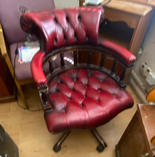 Vintage Red Button-Tufted Leather Swivel Office Chair, Dark Wood Frame