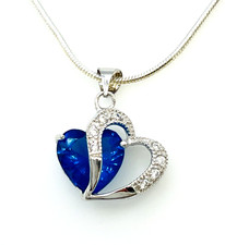Rhodium Plated Blue Crystal Heart Pendant Necklace