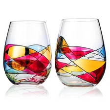 Artisanal Hand-Painted Stemless Wine Glasses – Set of 2 Renaissance Staine