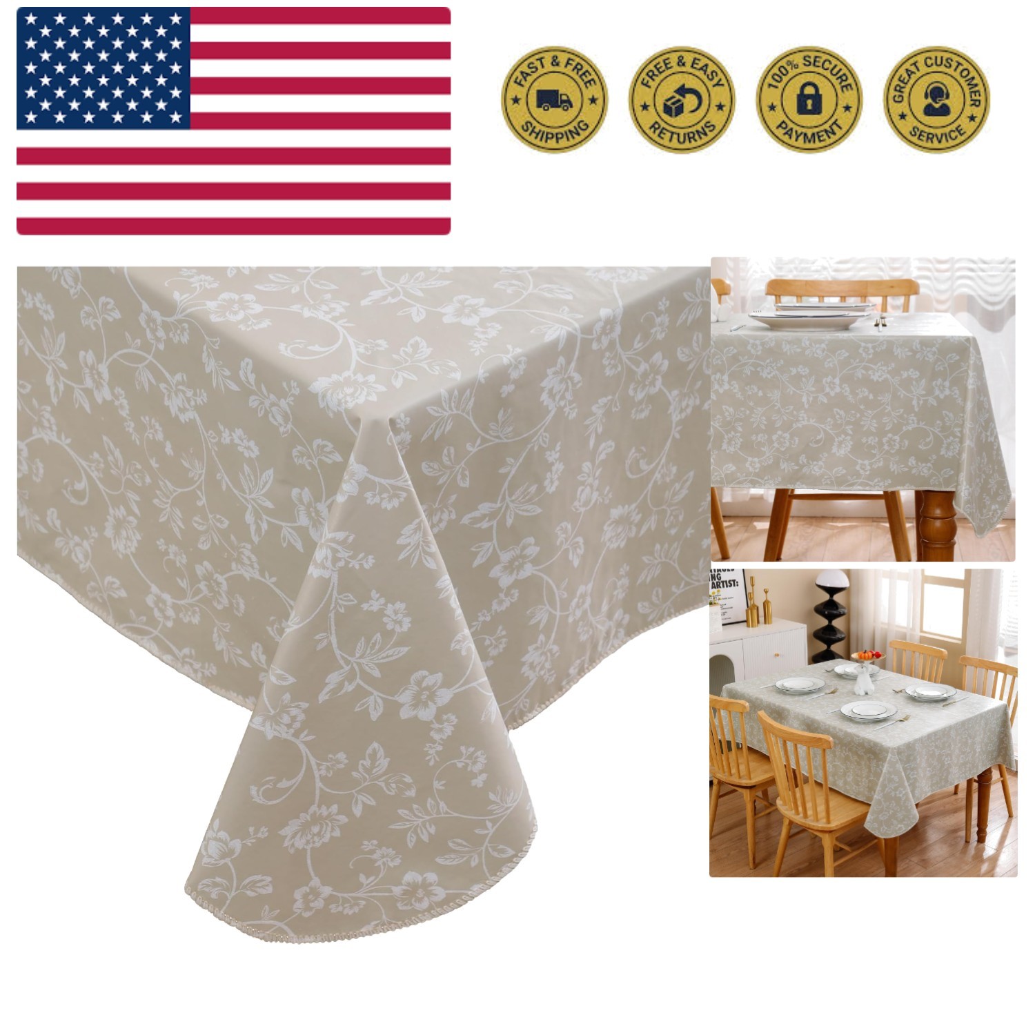 Heavy Duty Vinyl Tablecloth with Flannel Backing Waterproof Oil-Proof Plastic...