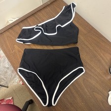 Women's One Shoulder Bikini Sets Color Block Trim Ruffle Hem Swimsuits L