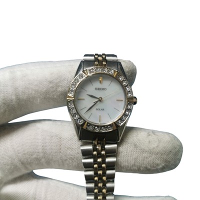 Seiko Solar Damenuhr Quarz bicolor Perlmutt Zifferblatt funktioniert