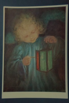 Postcard M. Spötl angel in the light of a lantern around 1960 Christmas