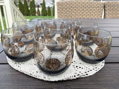 8 Federal Roman Gold Coin Roly Poly Smoked Glass Barware  3 1/4x3'' MCM Vintage
