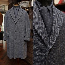 Herringbone Wool Blend Tweed Men Overcoat Long Coats Single Breasted Notch Lapel