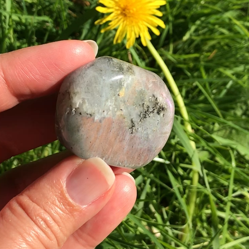 Labradoryt Fioletowy Różowy Zachód Słońca Błyszczący Palm Worry Stone Kryształ - Film 1 z 1