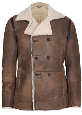 Herren hellbraune deutsche zweireihige echte Lammfell Shearling Lederjacke Mantel
