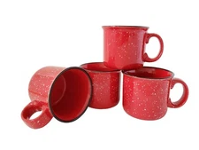 14oz Ceramic Campfire Coffee Mugs Set of 4, Red with Speckled Finish