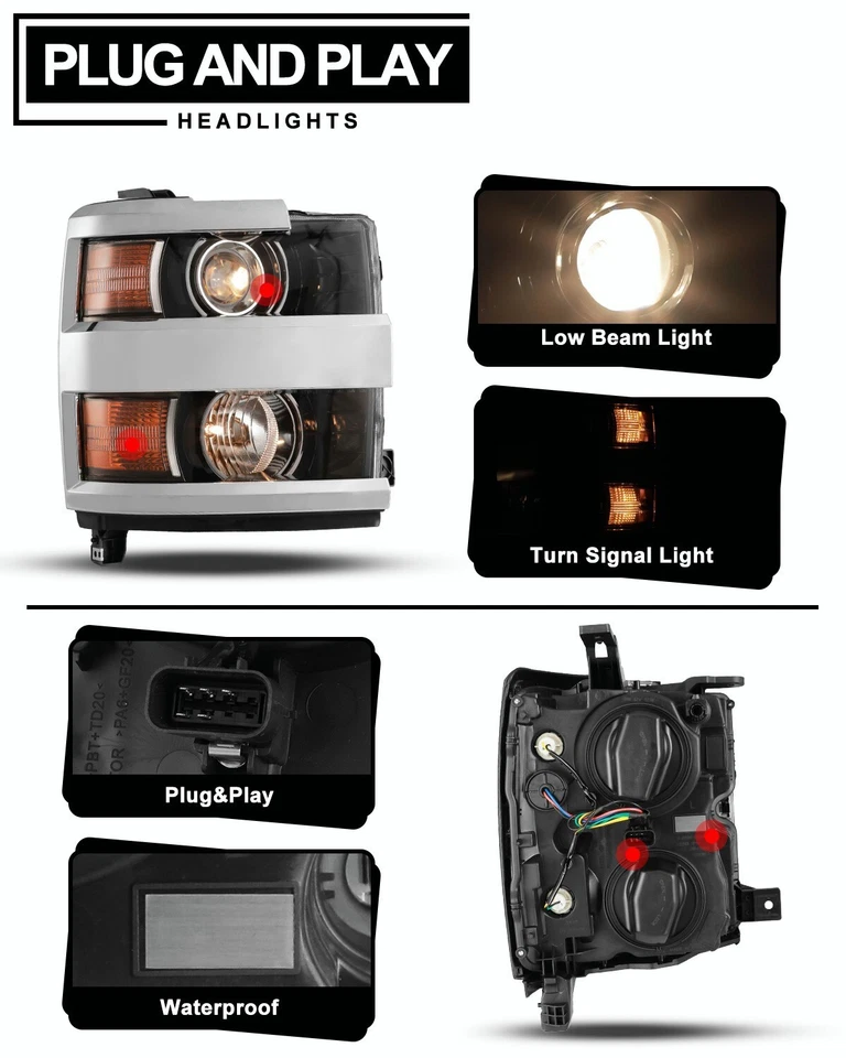 Par de faros delanteros cromados con bombilla para Chevy Silverado 2500HD 3500HD 2015-2019 Foto 2 de 4