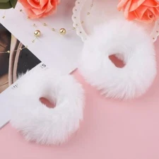 Lusofie 2Pcs White Pompom Hair Tie Furry Faux Rabbit Fur Fuzzy Scrunchies white