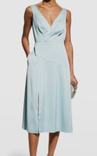 245 Aidan Mattox Women's Blue V-Neck Satin Pleated Midi Dress Size 4