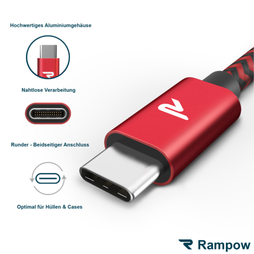 RAMPOW USB C Kabel Schnell Ladekabel Nylon für Samsung S21 S22 Huawei P40 Xiaomi - Picture 1 of 12