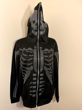 Black Skeleton Full-Zip Hoodie W/ Rhinestone Details Skeleton Hood Sz Adult M