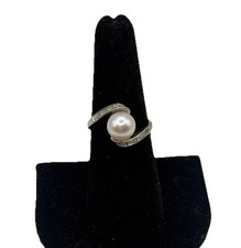 Vintage 925 Sterling Silver Pearl Rhinestone Accent Band Ring Size 7 Swoop 3.2g