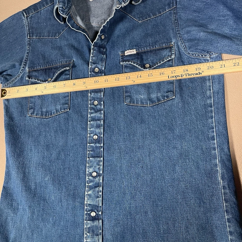 Camisa Carhartt Para Hombres Denim Western Botón a Presión Azul SO2 DNM Hecha en EE. UU. 15,5 x 35 Foto 4 de 4