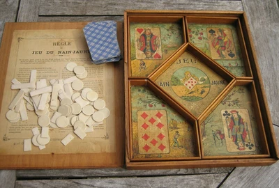 Ancien jeu Nain Jaune en Bois jetons en Os Illustration Les 4 SAISONS Complet - Photo 1/4