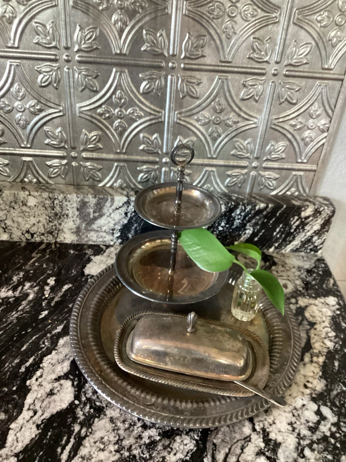 Vintage Silver Lot- Serving Tray, Two Tier Server , Spoon & Covered Butter Dish
