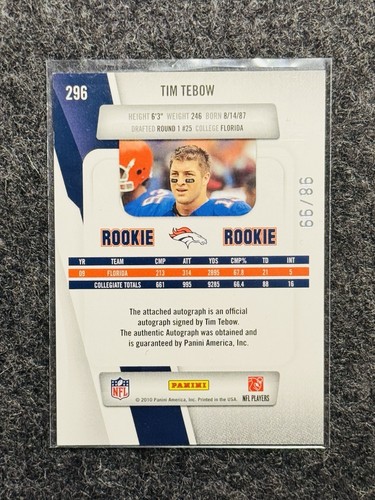 Tim Tebow ROOKIE (RC) AUTO 2010 Panini Prestige Draft Picks Rights #296 (NM) /99 - Picture 4 of 4