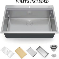Stainless Steel Drop-In Kitchen Sink, Single Bowl with Drainboard, Cutting Board