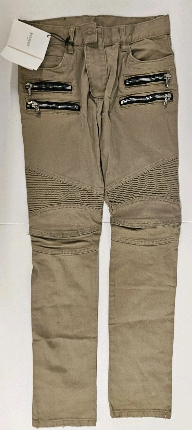 Balmain — Balmain Paris Men's Tan Moto Biker Jeans Pants Size 30x30 100% Cotton Beige