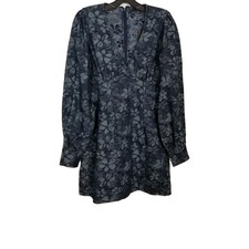 Lulus Darling Girl Dark Blue Floral Denim Long Sleeve Mini Dress Sz M Boho 