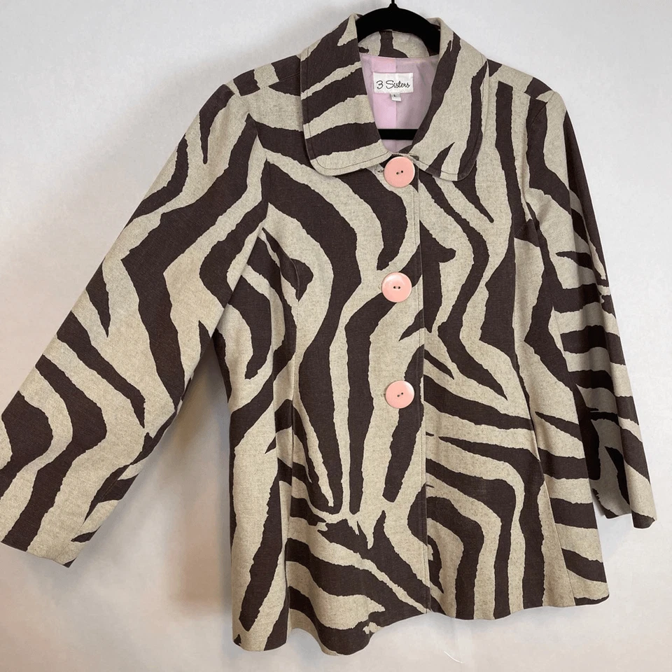 ¡LIQUIDACIÓN! Chaqueta 3 SISTERS Para Mujer Grande Marrón Lino Cebra Forrada Safari Foto 4 de 4