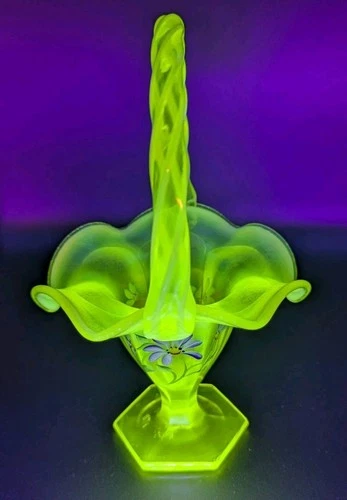 Fenton Topaz Opalescent Vaseline Basket  Hand Painted TJ Mendenhall Glows