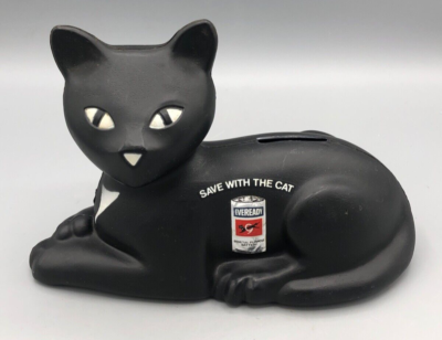 Vtg Eveready Battery Black Save With The Cat Plastic Coin Bank