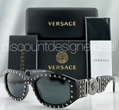 Versace VE4361 5398/87 Geometric Sunglasses Black Studded Frame Gray Lens NEW