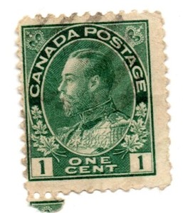 Canada 1915, King George V, green stamp, 1c, imperfect both sides, accept offers
