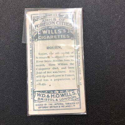 1912 WILLS Cigarettes Arms of Foreign Cities ROUEN Coat Of Arms #42 Tobacco 