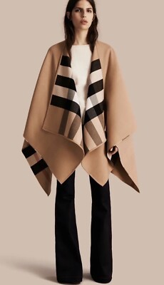 NWT BURBERRY CAMEL CHECK REVERSIBLE SOLID CAPE PONCHO JACKET ONE