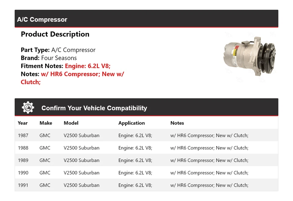 Compressor A/C 4 estações 1988 1989 1990 para 1987-1991 GMC V2500 Suburban 6.2L V8 - Imagem 2 de 4