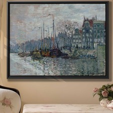 Urban Seaside Oil Painting Canvas Print Waterfront Art Vintage Decor Framed