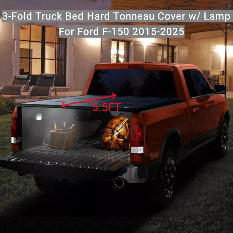 Cubierta rígida Tonneau de 5,5 pies para plataforma de camioneta Ford F-150 F150 2015-2025 con LED 3 pliegues Foto 2 de 4