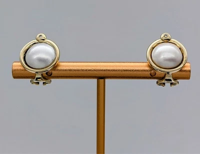 Ohrringe Creolen 585/14K Gelbgold  mit Perlen & Brillanten – 7,90 g – Damen N69 - Bild 1 von 4
