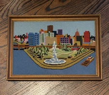 VTG Needlepoint MCM Framed Pittsburgh PA Point State Park Fountain Textile Art