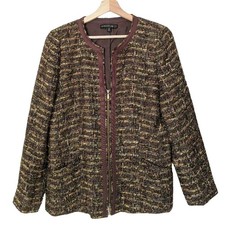 LAFAYETTE 148 NY Blazer Coat Tweed Zip Up Blazer Jacket Softshell Brown Trim 10